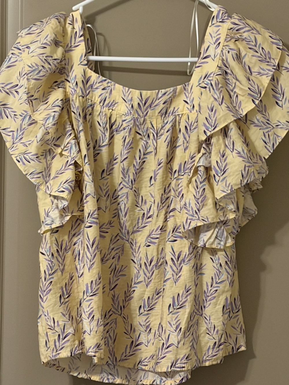 fab'rik Yellow Floral Ruffle Off-Shoulder Blouse with Purple Leaf Print